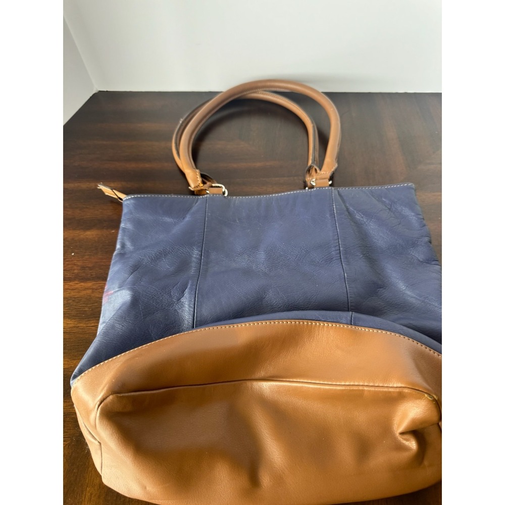 Tignanello Leather Tote Bag Navy‎ Blue Brown Shoulder Handbag Large - Picture 5 of 13
